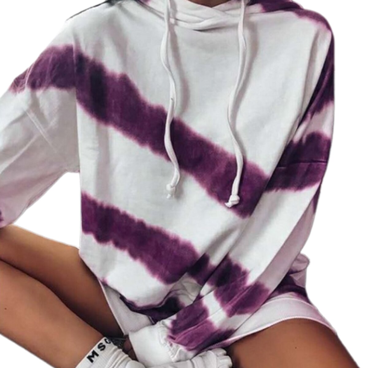 Women Long Sleeve Tie-dye Printed Sweatshirt Casual Drawstring Loose Shoulder Pullover Top Fashionable Comfortable Hoodie