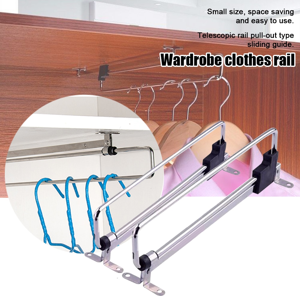 Pull Out Telescopic Clothes Rod Storage Sliding Rail Space Saving Closet Wardrobe Hanging Household Cabinet Bedroom Retractable