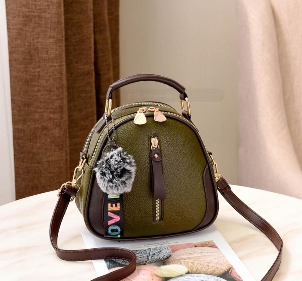 Bolso de hombro portátil de piel sintética para mujer, bolsa con bola de pelo gris: Armygreen