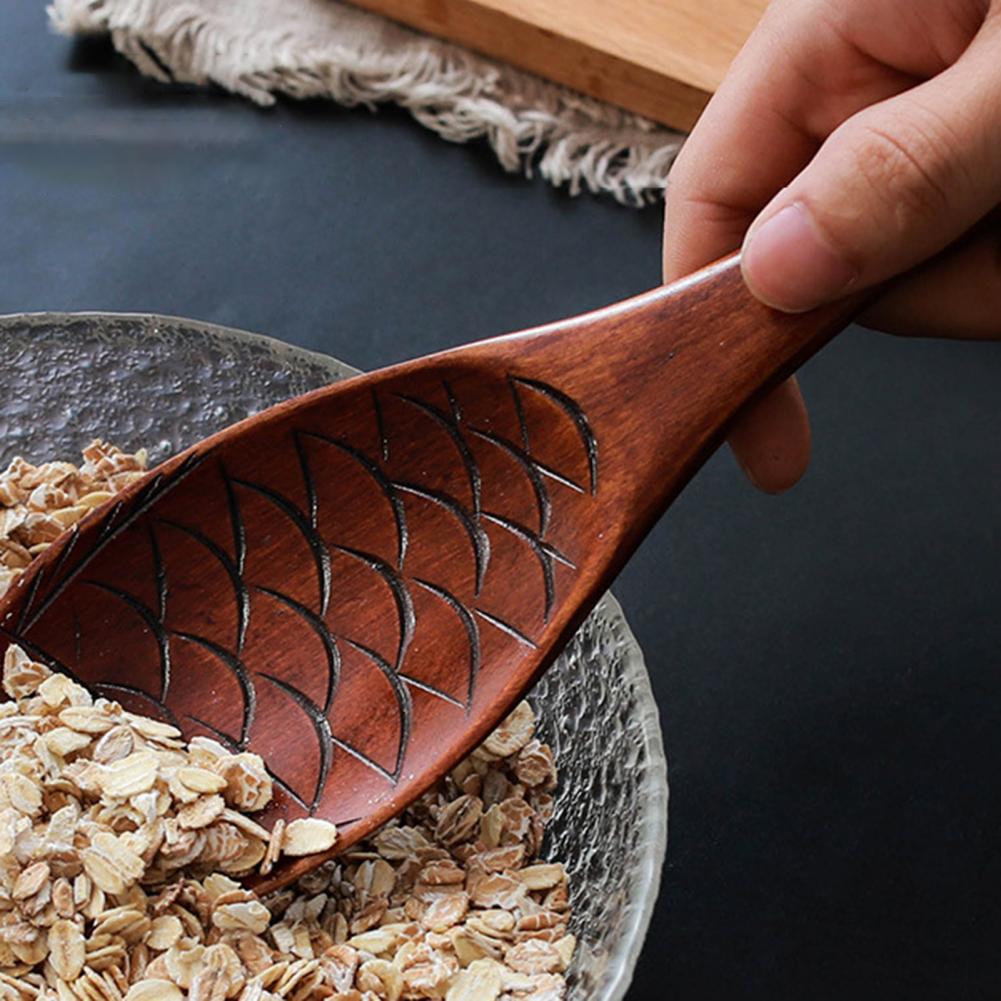 Ergonomic Handmade Rice Spoon Wood Adorable Fish Shape Rice Scoop for Home