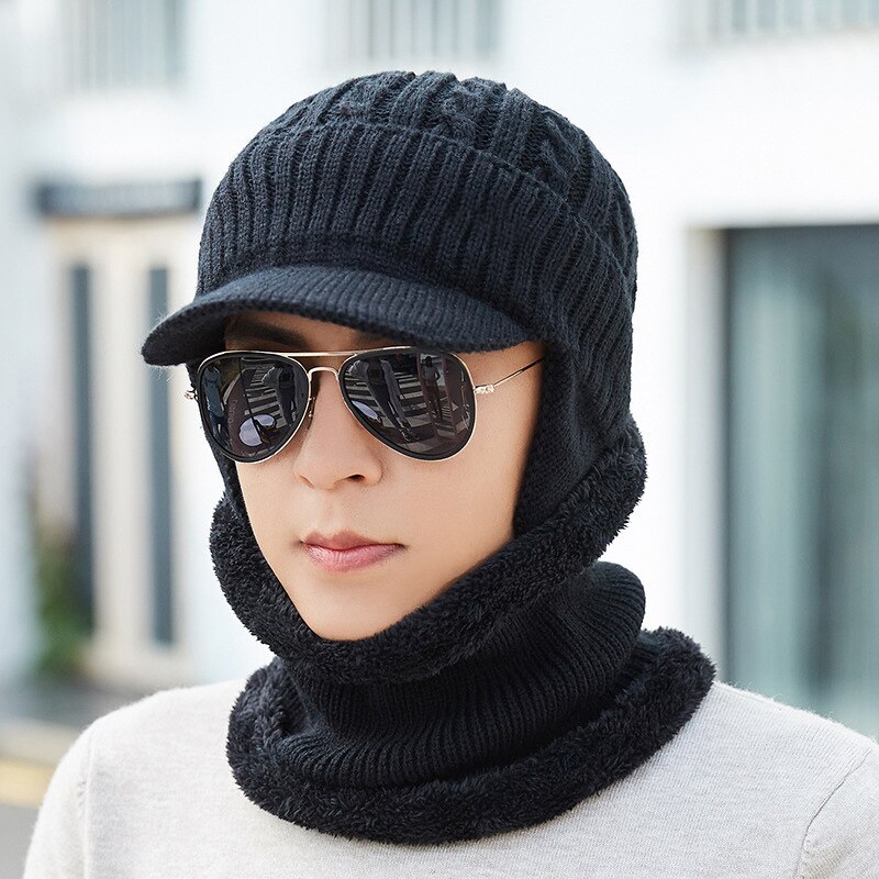 Unisex Mannen Vrouwen Winter Warm Hat Nek Warmer Ambachten Knit Visor Beanie Fleece Gevoerde Ear Flap Cap-Opk: Black