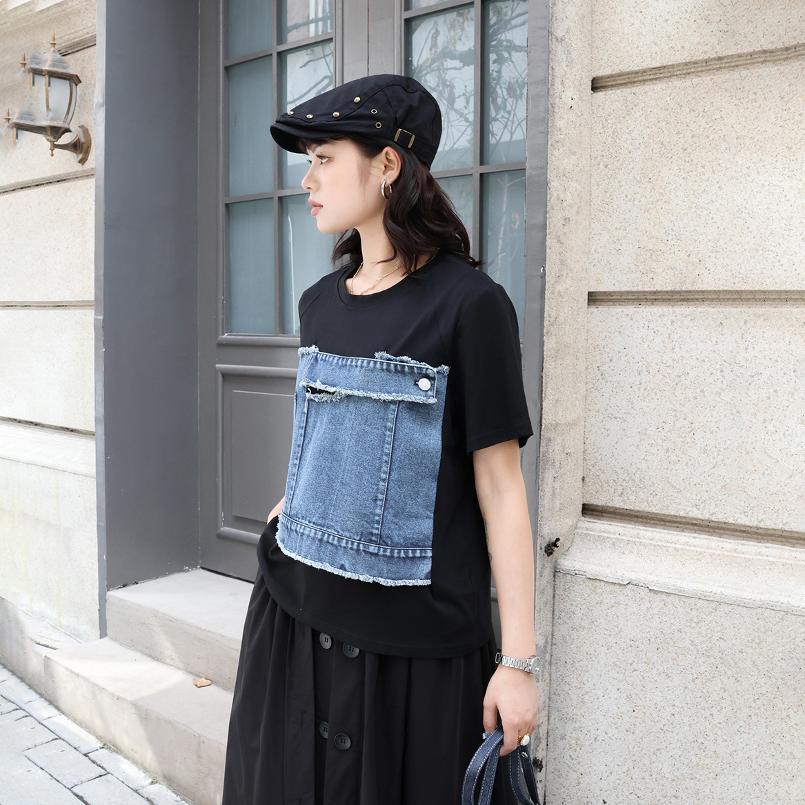 250301 Frauen Blau Denim Farbe-Block verlieren T-Shirt Neue O Hals Kurzarm Flut Frühling Sommer 2025,