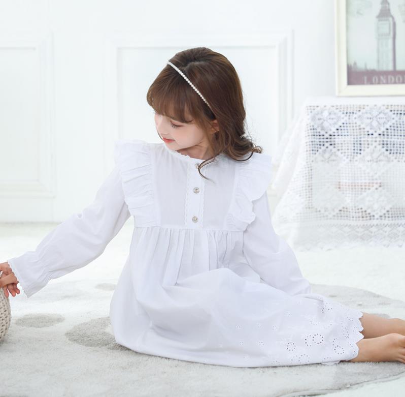 Vestido de dormir de manga larga con volantes para niña, Camisón de algodón calado, ropa de casa de princesa para niña de 3 a 12 años, wz82