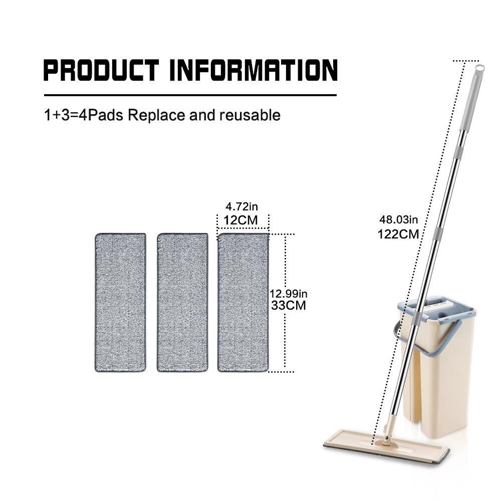 Trapeador plano con cubo Trapeador doméstico ajustable de 360 ​​grados para trapear el piso de secado rápido sin manchas sin lavarse las manos: Brown 4pcs Pads