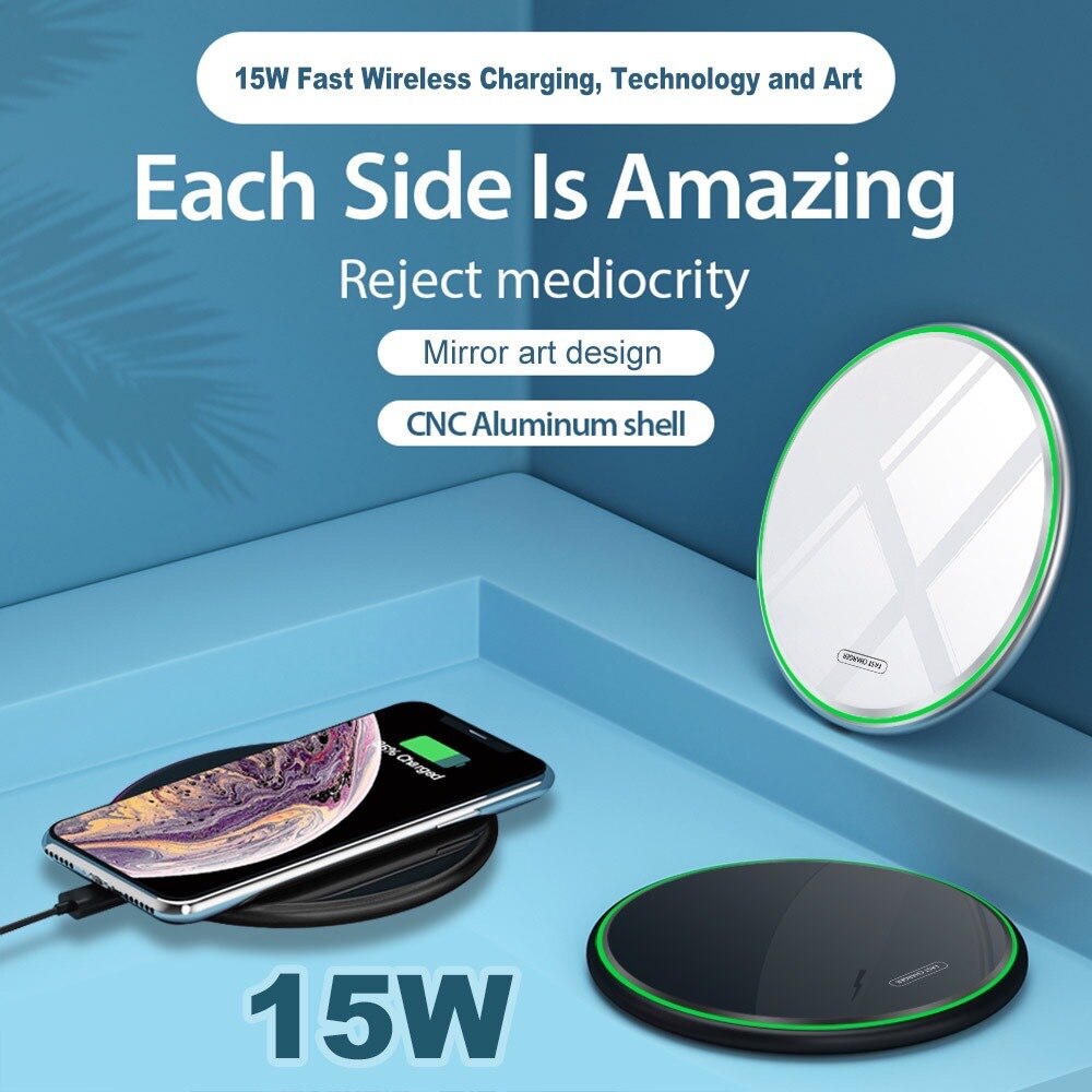 15W Wireless Charger - Metal Desktop Pad - Fast Charging - for Apple iPhone - with LED Indicator