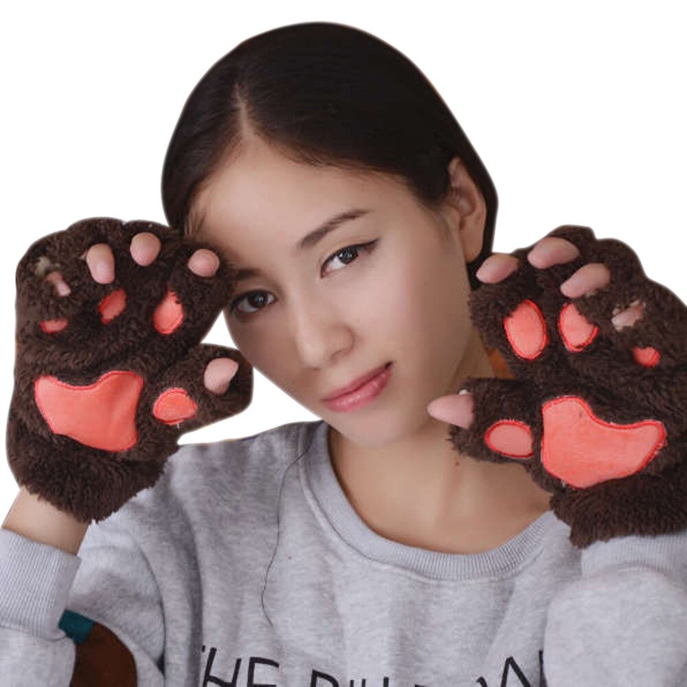 Gants demi-doigt épais en velours pour femmes, garde la chaleur, mitaines en peluche avec patte de chat épaisse, doux: Marron