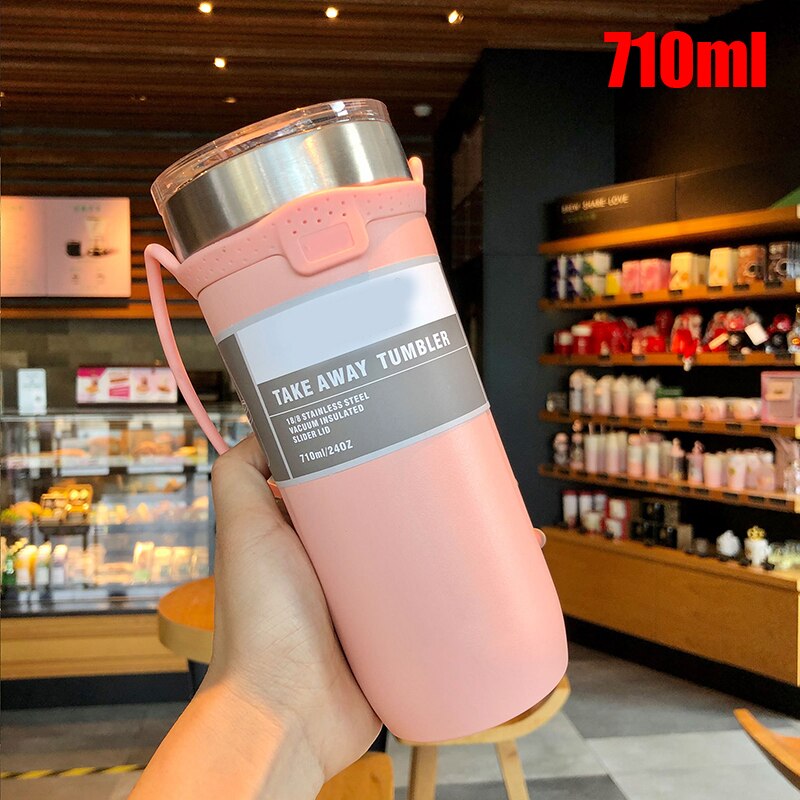Portable Vacuum Flask Stainless Steel Water Cup Personality Large-Capacity Coffee Cup JU8: 710ml pink