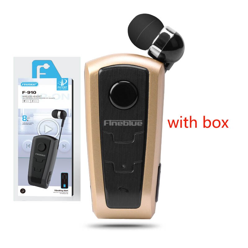 FineBlue F910 Bluetooth Headset - Clip-on, Vibration Alarm, Retractable Cord, Hands-Free Calling: F910--GD-BOX