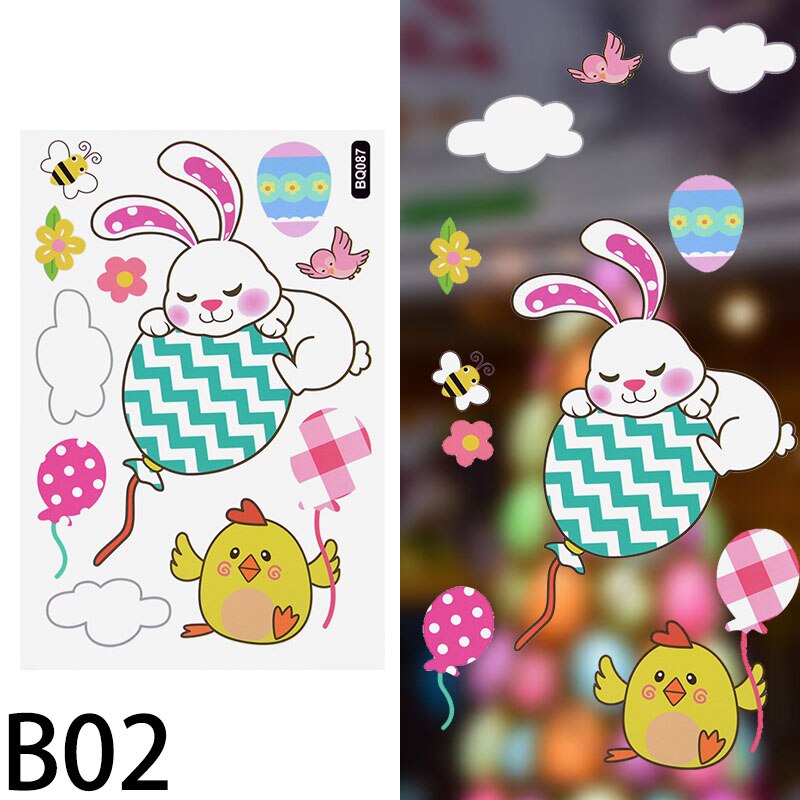 Pegatina de ventana de conejo de Pascua para decoración del hogar, Adhesivo de pared de huevo colorido, bonito pollo, conejo, suministros de de Primavera y Pascua: B02