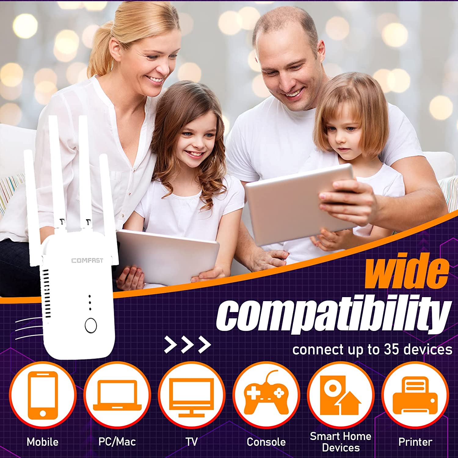 Comfast CF-WR758AC 1200Mbps WiFi Repater Dual Band segnale 2.4G e 5G Extender a lunga distanza 4 antenne fino a 4000 mq copertura completa