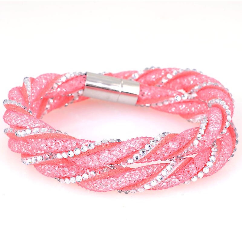 Miasol Double enveloppe torsadée strass pleine résine cristal enveloppé magnétique filles bracelets pour femme de noël: pink with clear