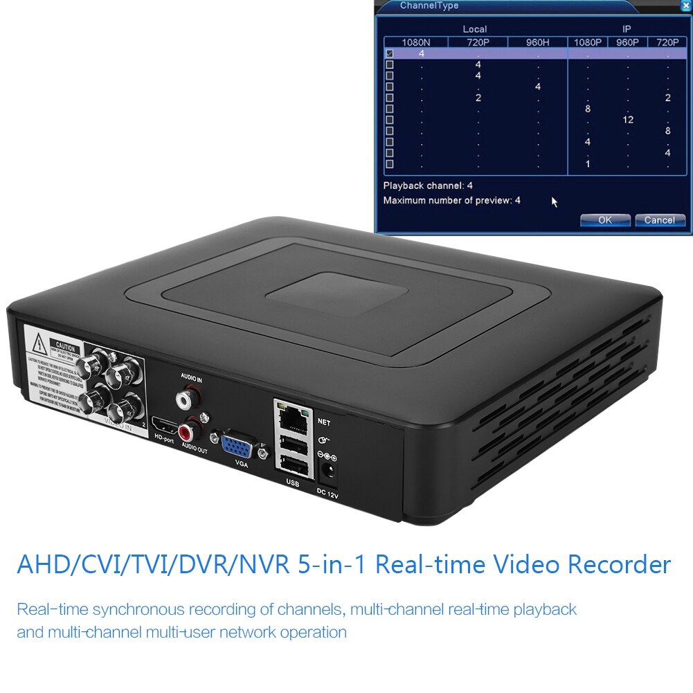 4- -kanals 4ch sikkerhet cctv ahd/cvi/tvi/dvr/nvr 5- i -1 sanntids videoopptaker Observere 100-240v oss/eu/uk/au pluggbeskyttelse