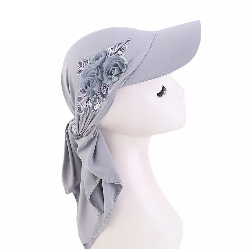 Gorra de ala ancha de verano para mujer, visera para el sol con turbante preatado, gorros Hijab, pañuelo para la cabeza, pañuelos a prueba de viento, sombrero para el sol al aire libre de Color sólido: Hielo gris