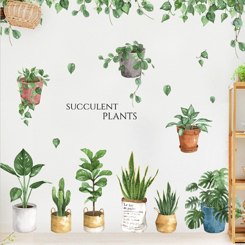 Zielony liść bonsai kwiat doniczkowy ściana roślin naklejki dekoracyjna naklejka Dom dekoracje kuchnia okno wystrój salonu naklejka