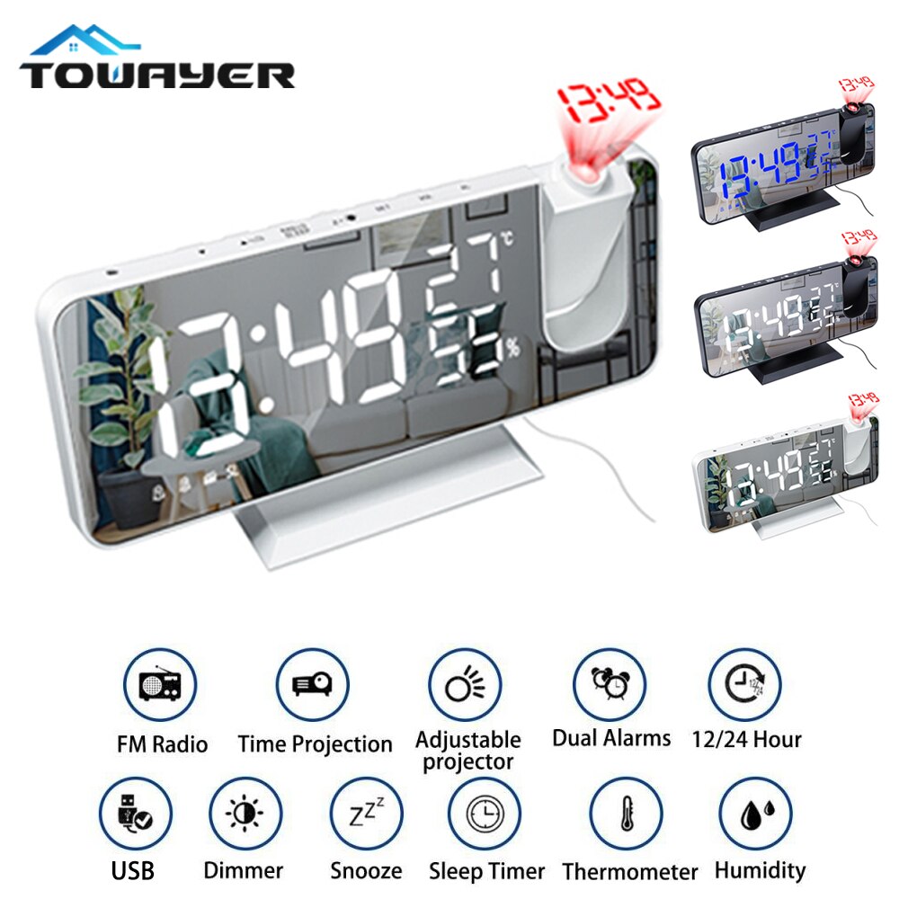 LED Digital Smart Alarm Clock Electronic Desktop Clock USB Wake Up Clock FM Radio Time Projector Snooze Function Alarm Clock