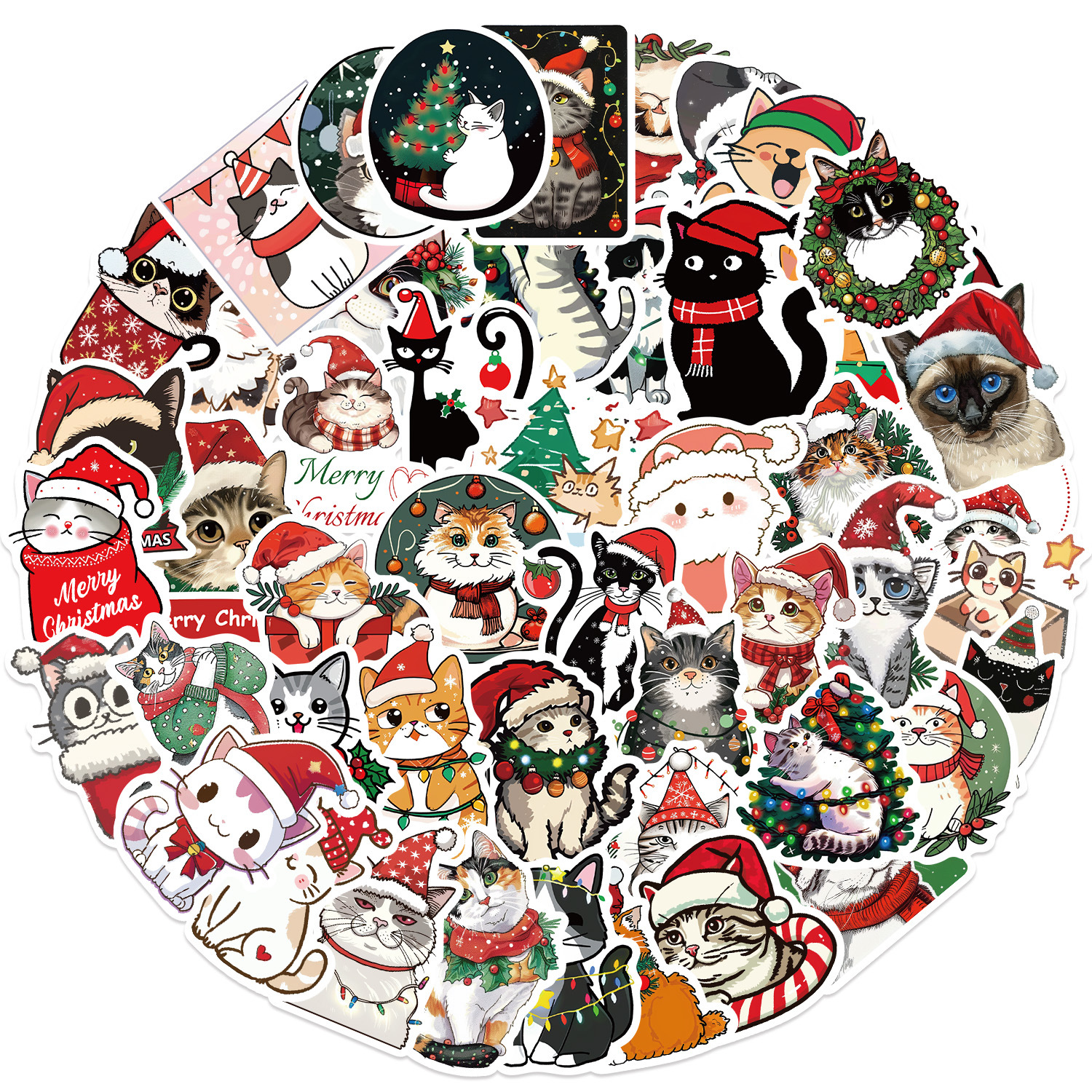 50PCS Cute Christmas Cat Stickers Cat Meme DIY Sticker Scrapbooking Phone Luggage Skateboard Waterproof Decal