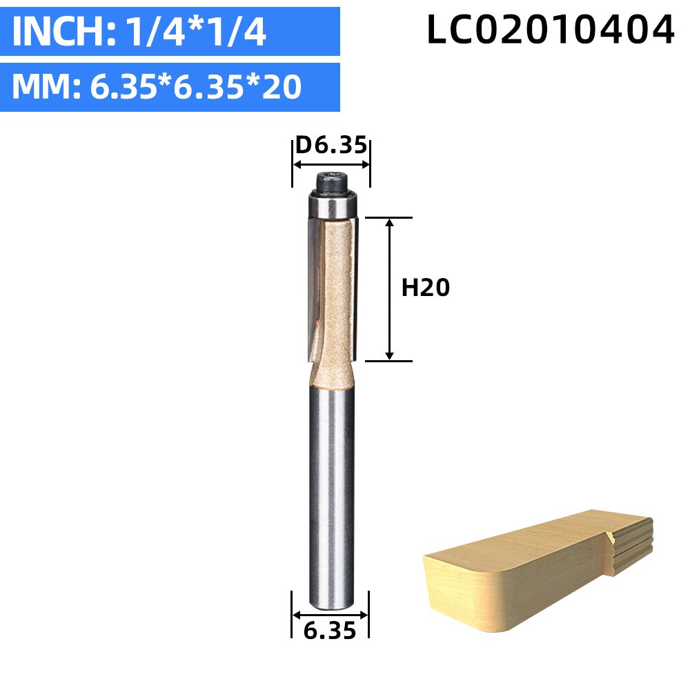 LIDIAO 1pc 1/2 ''1/4'' Schacht Langdurig trimmen beetje met lager Houtbewerking router bit 2 fluit straight bit frees: 6.35x6.35x20 mm