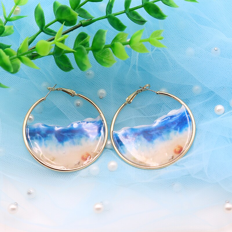 Fairy Blue Ocean Hoop Earrings Sea Earrings Female Beach Earrings Enamel Sea Shell Big Circle Earrings Summer Jewelry