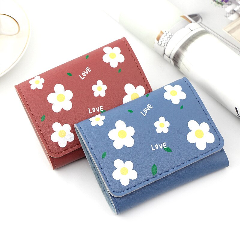 Japanese Mini Wallet Female Small Ultra-thin Cute Floral Tri-fold Leather Coin Purse Simple Short Student Mini Card Holder