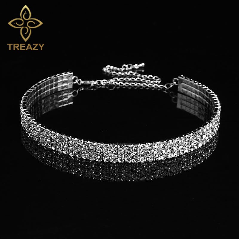 Treazy colar de casamento com strass feminino, gargantilha de 1-5 fileiras de colar com cordão elástico: 3 Row Crystal