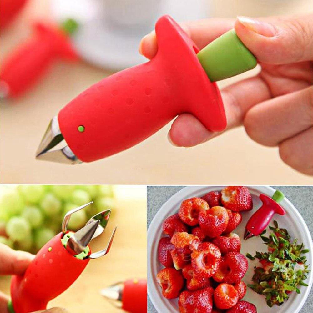 1Pcs Aardbei Huller Plastic Fruit Blad Mes Stem Remover Metalen Tomaat Stengels Gadget Aardbei Hullers Keuken Tool