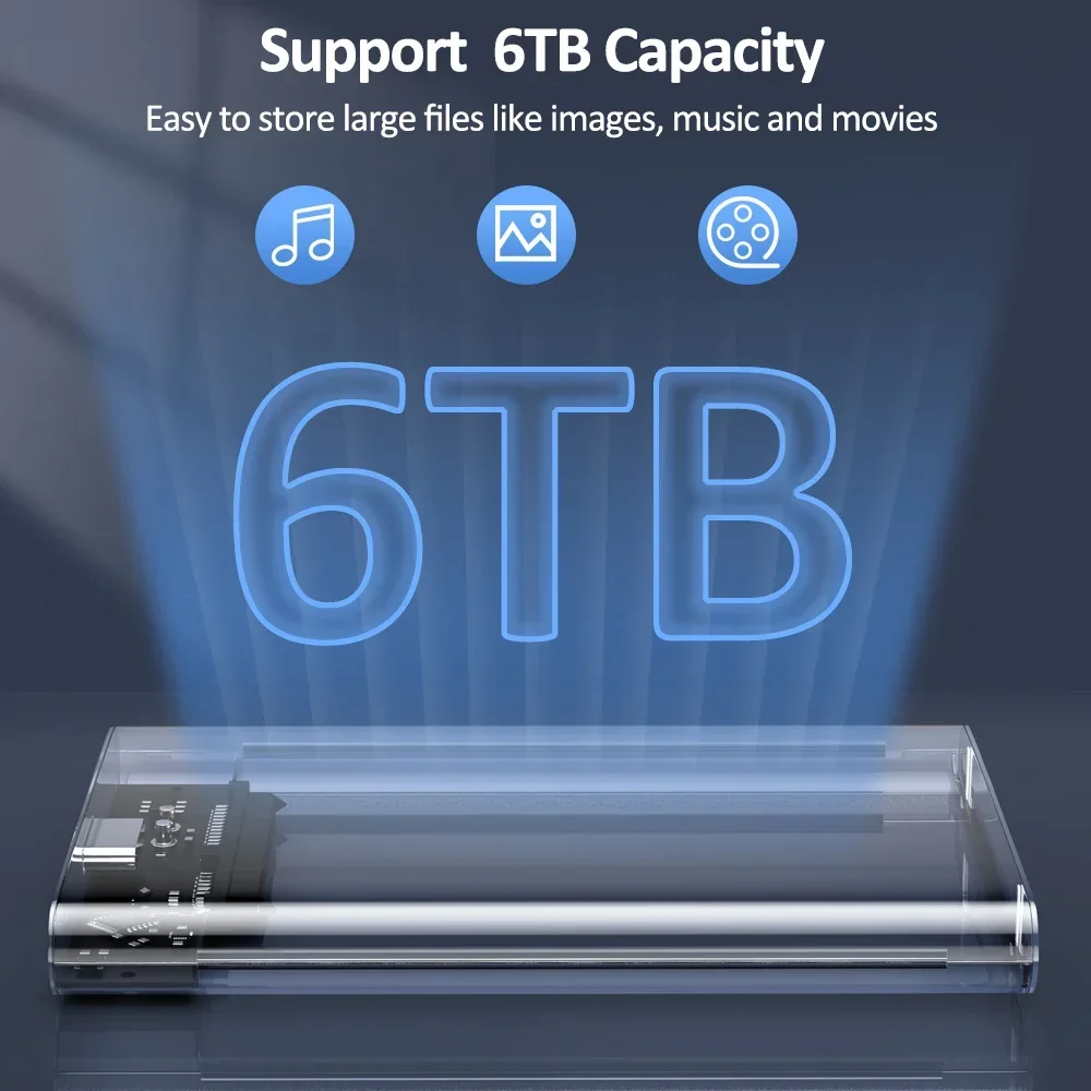 USB 3.0 External Hard Drive Enclosure 2.5 inch SATA to USB3.1 UASP Clear Portable Hard Drive Case 2T HDD Tool-Free Transparent