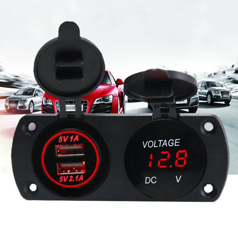12v-24v dobbel usb-lader + led voltmeter bil usb-uttak bil hurtiglader for motorsykkel bil marine panel modifikasjon