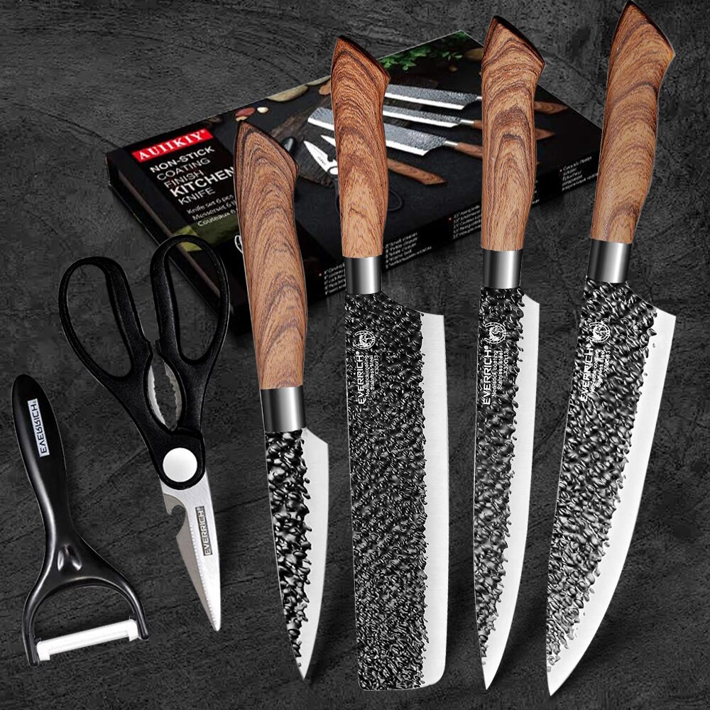 Kitchen Knives Stainless Steel Set Tools Forged Kitchen Knives Scissors Peeler 6 pcs Chef Slicer Nakiri Paring Knife Case