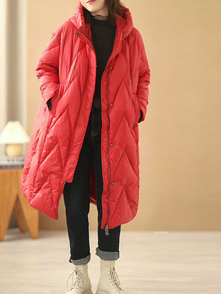 Janveny Women Loose Long Coat 90% White Duck Down Jacket Women Winter Female Overcoat Winter Hooded Puffer Feather Parkas