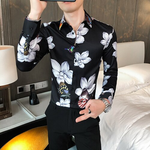 Bloemenprint overhemden heren slim fit streetwear casual overhemd sociaal feest blouse heren zakelijk jurk kleding camisas para hombre: Zwart / Xxxl