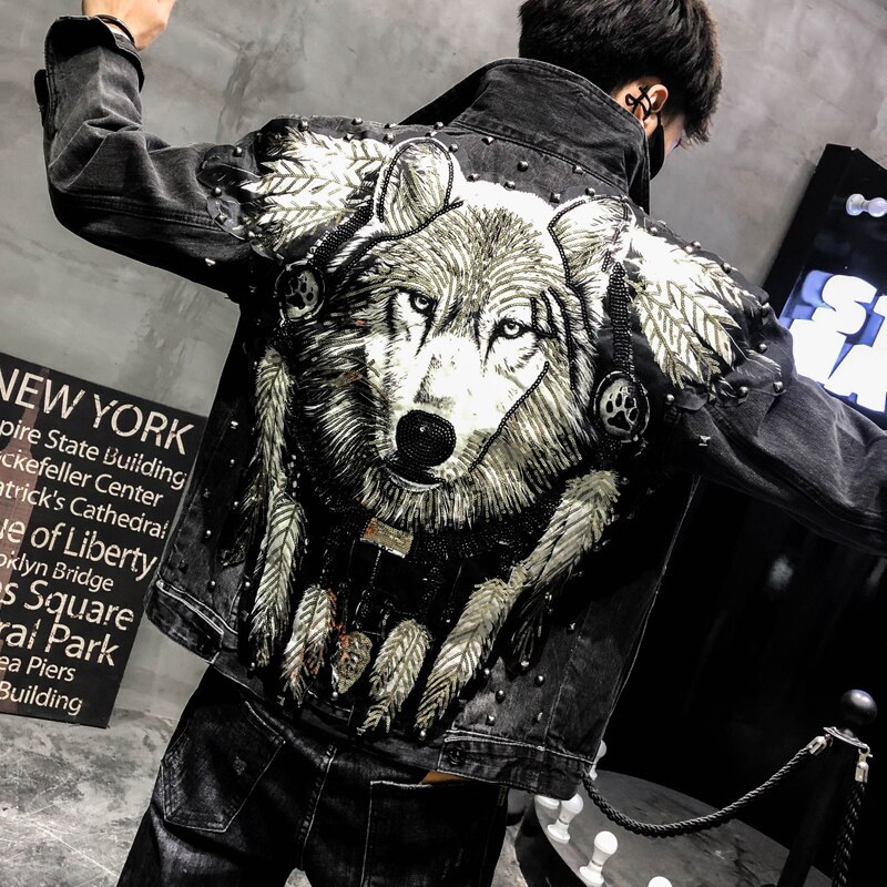 punk style novel wolf embroidery rivet denim jacket men's trend denim jacket street shot men's fit black jacket: XL