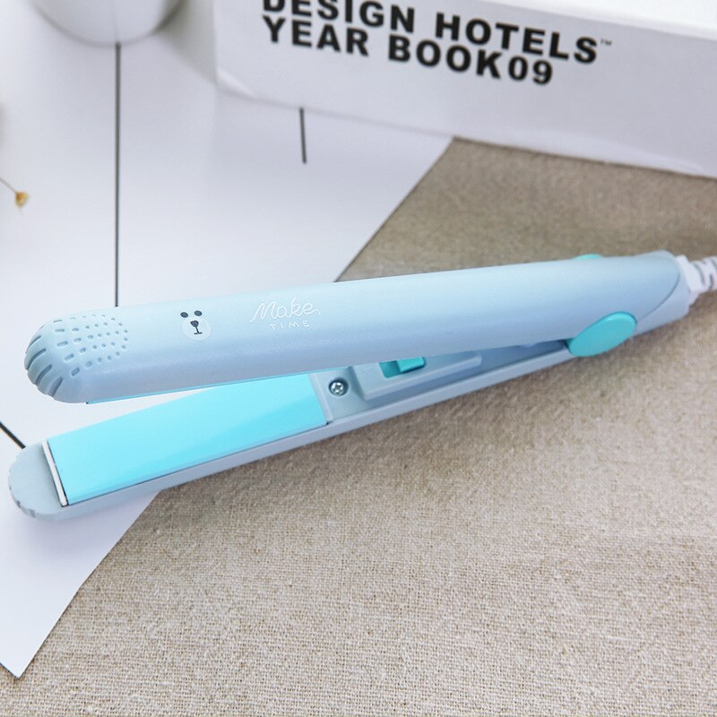 1PCs Mini Portable Steam Flat Hair Iron Hair Straightener Curler Straightening Cute Cartoon Curling Hair Irons: Sky Blue