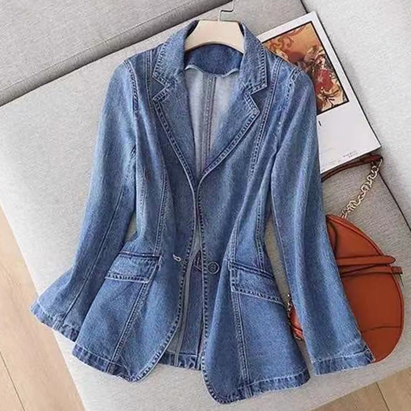 Dames Denim Blazer - Casual Jasje - Effen Patroon - Slim Fit - Polyester Katoen Mix