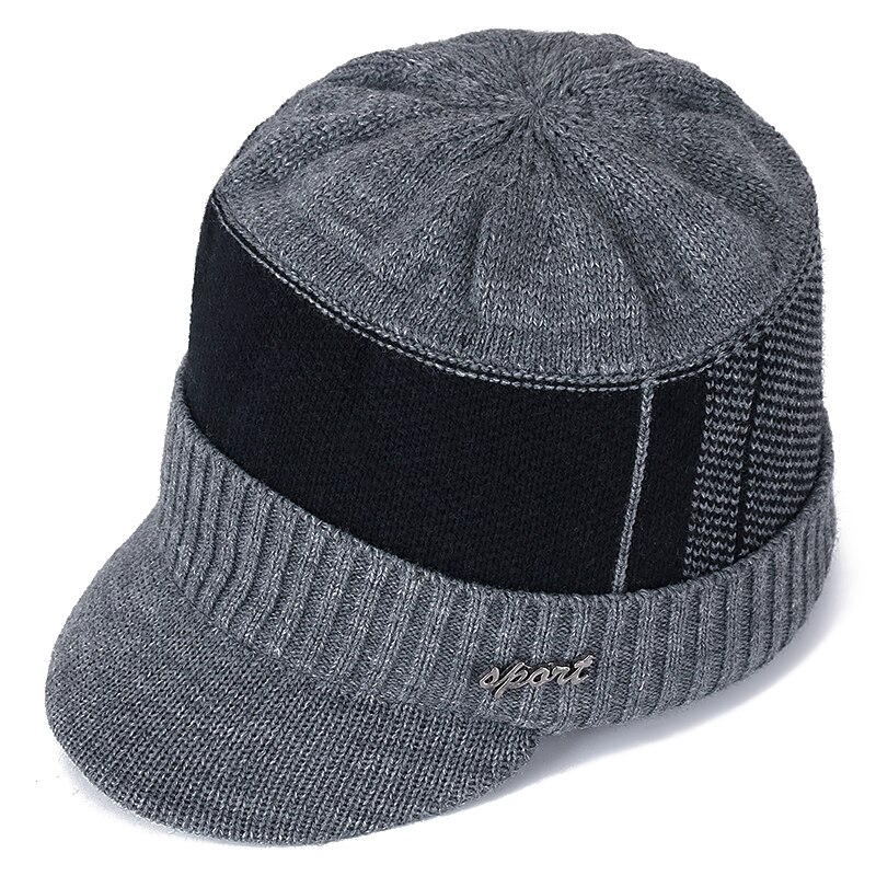 Gorros de invierno con visera de piel para hombre y mujer, Gorras de lana, gorros tejidos