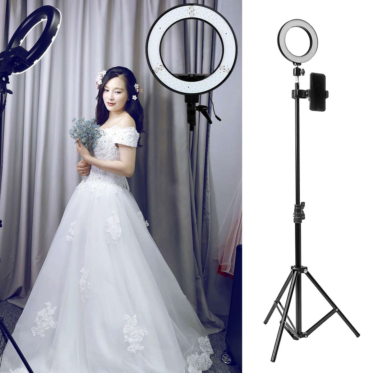 Portable LED Ring Lamp Dimmable & Light Stand Kit Phone Photography Self-timer Beauty Fill Light USB Port 180° Rotation