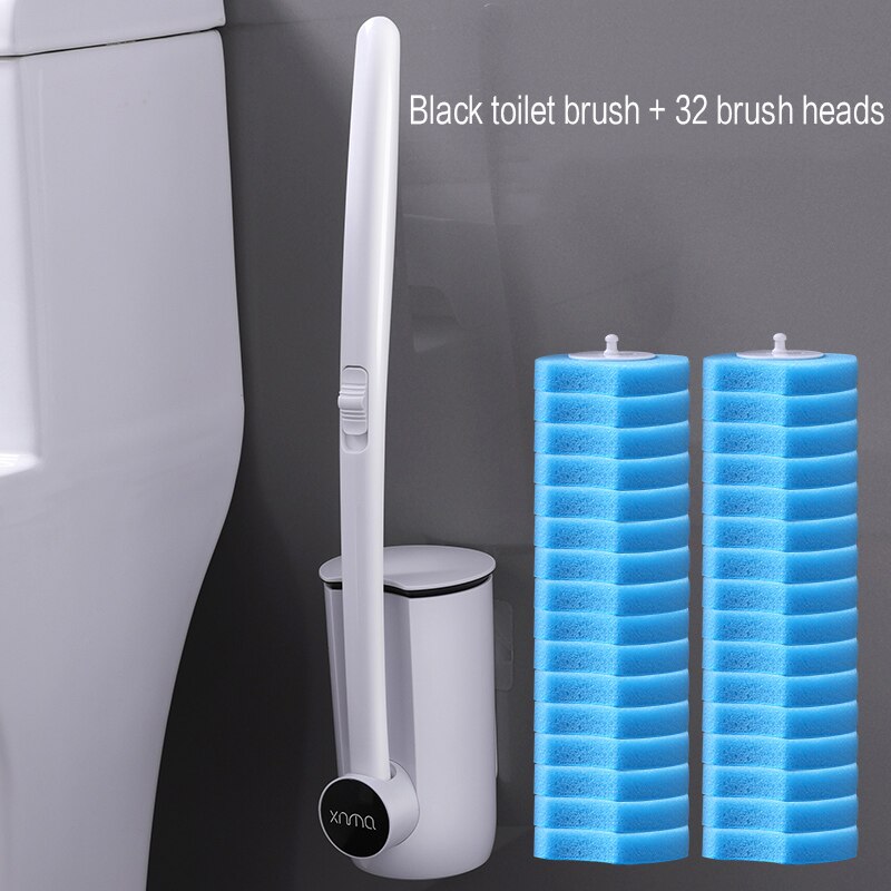 Cabeça de escova substituível da escova do toalete do banheiro descartável e conjunto do êmbolo com punho longo nenhum canto morto escova de limpeza: Black 32 brush head