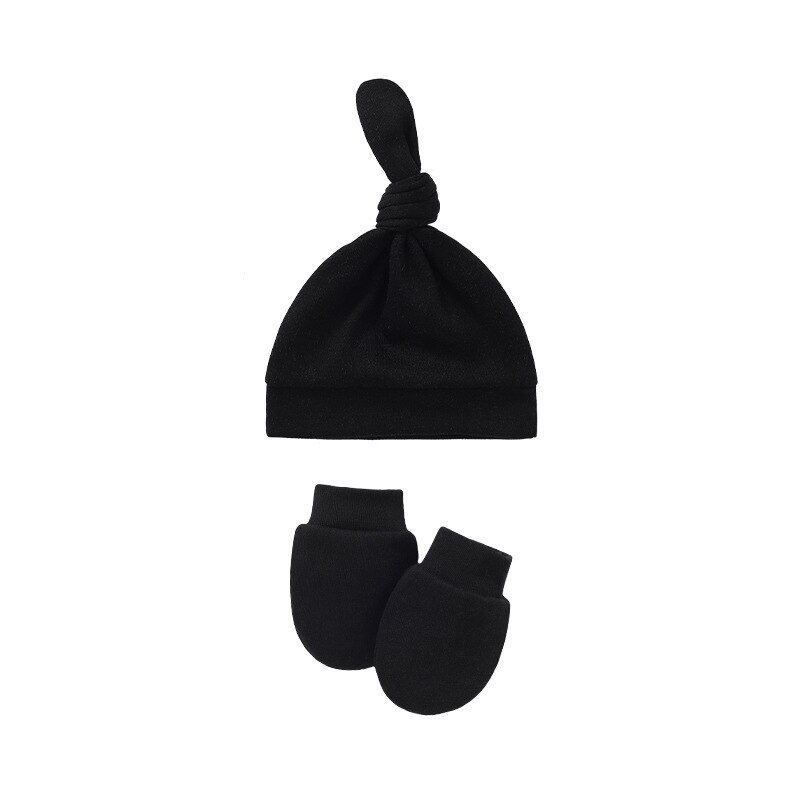 2 pçs bebê chapéu luvas conjunto primavera outono menina menino gorro mitenes cor sólida macio algodão nó recém-nascido infantil sono chapéu: black