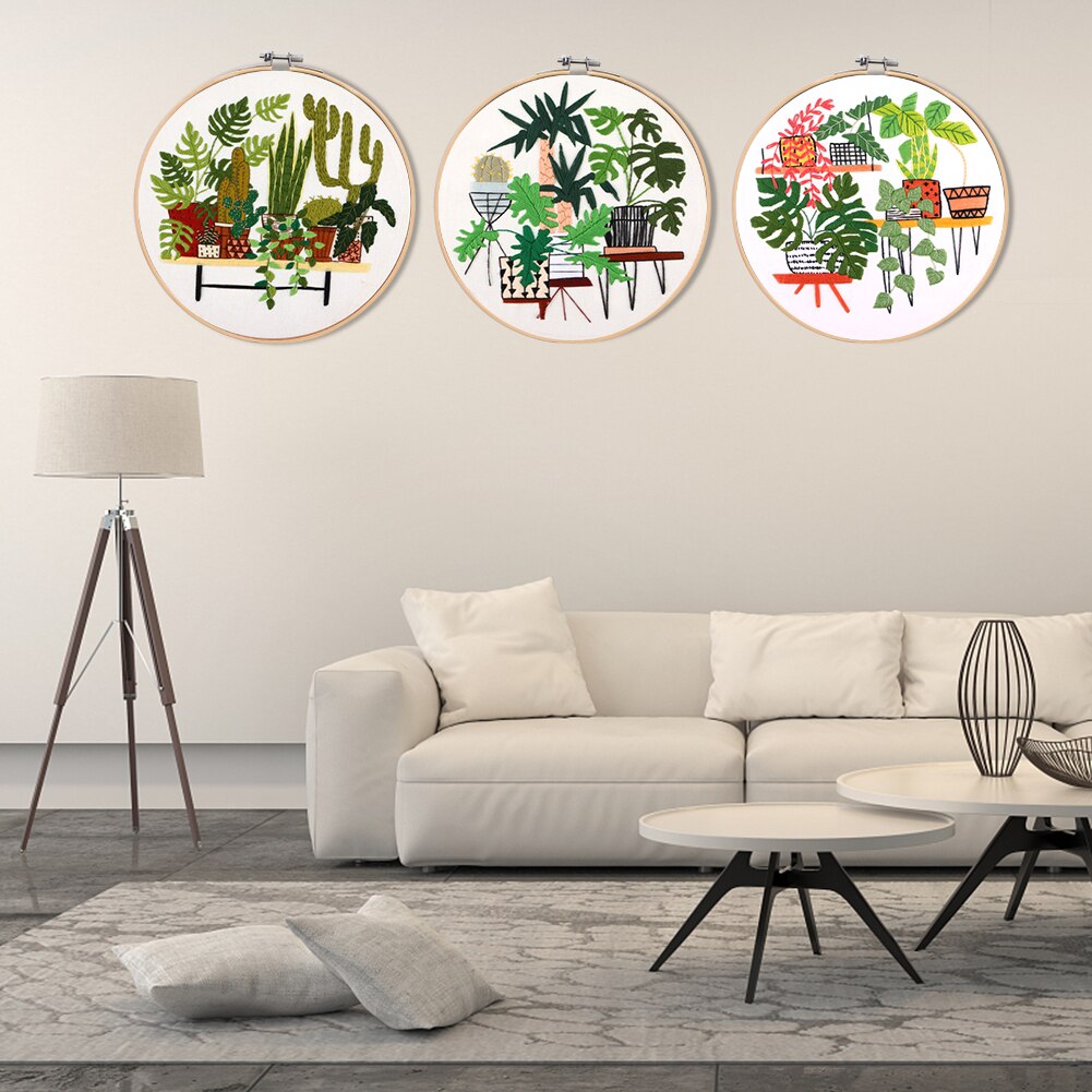 Embroidery Kit Beginner DIY Stampe Starter Plants Pattern Cloth Color Threads Tools Craft Round Cross Stitch Sewing Craft Kit