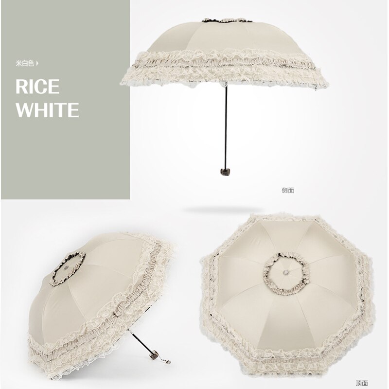 Lace Women Rain Umbrella Sun Paraguas mujer Black Parasol Folding Princess guarda chuva invertido UV Protection Decoration: creamy-white