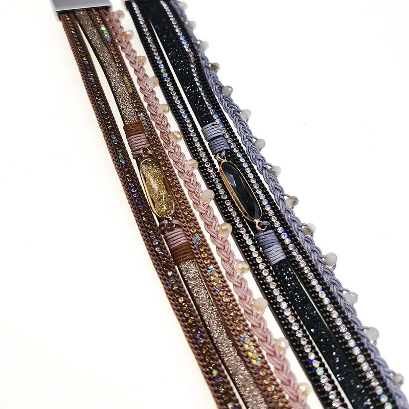 D&D Women Leather Bracelet Rhinestone Bar Charm Bohemian Leather Female Bracelets in 7 Colors