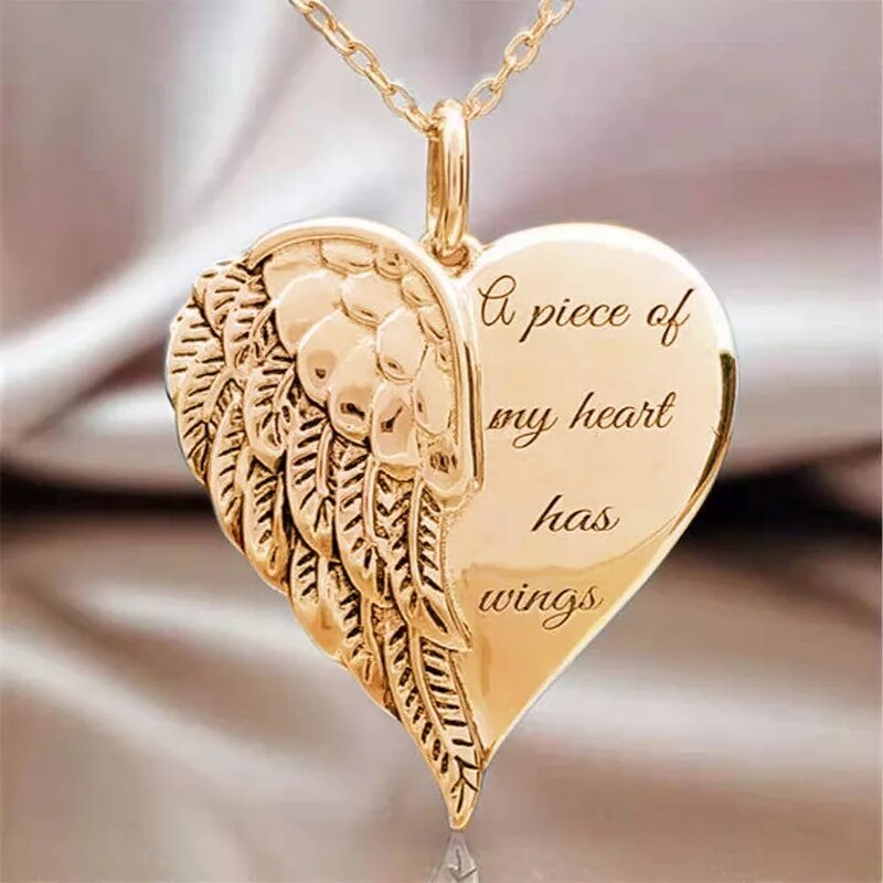 A Piece of My Heart Has Wings Pendant European American Angel Wings Engraved Necklace Jewelry Necklace for Women: Gold-color