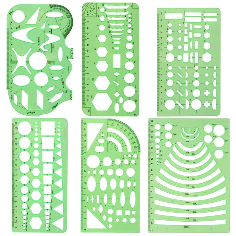 6pcs Plastic Geometry Drawing Template Ruler Stencil Office Stationery Drafting Supplies Measuring Tool