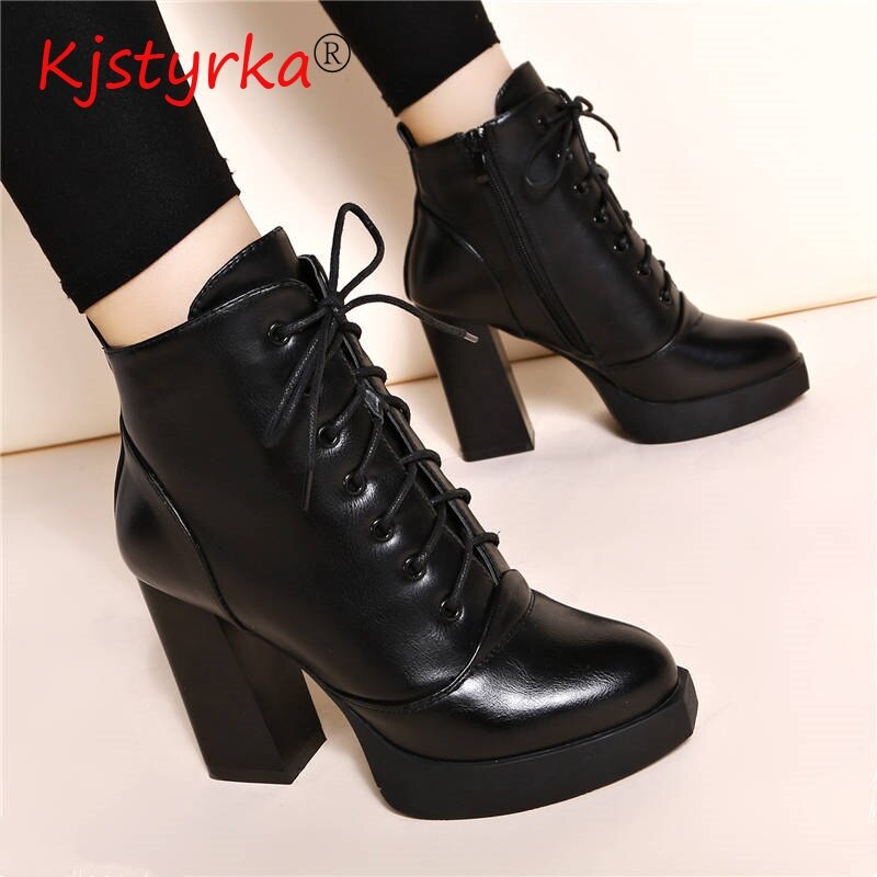 Ankle Boots For Women High Heels Short Boots Women Patent Leather Lace-up Red Black Shoes Lady Large size 40