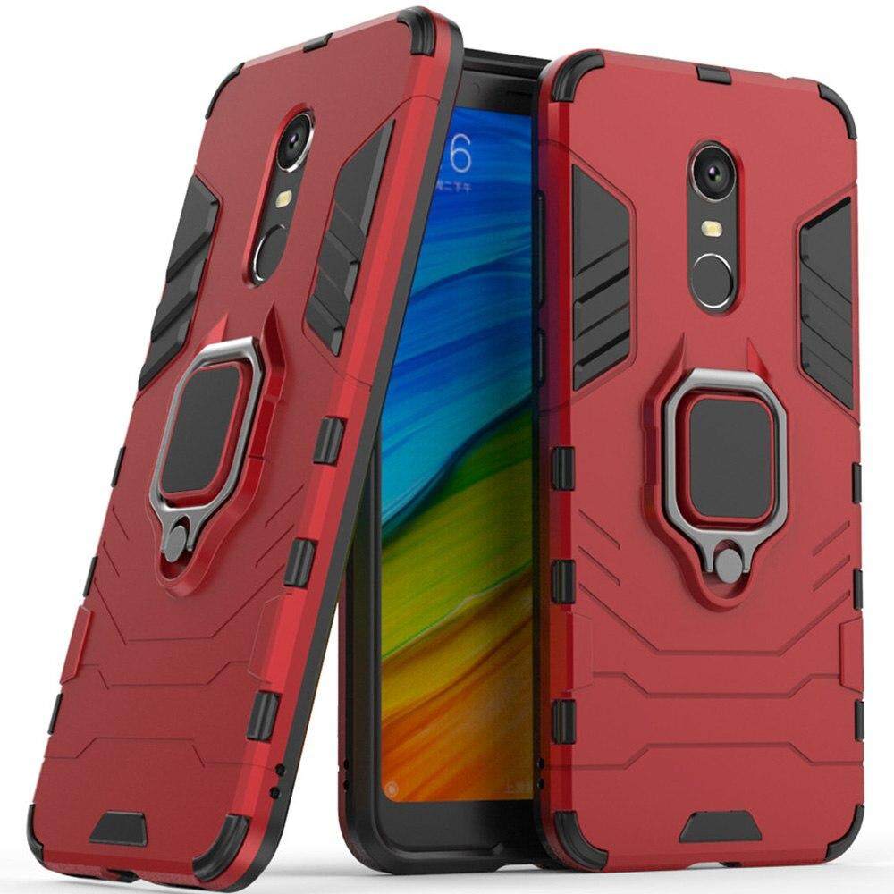 For Xiaomi Redmi 5 Plus Phone Case, Silicone TPU and Hard PC Luxury Armor Shockproof Metal Ring Holder Cover Casing: Red