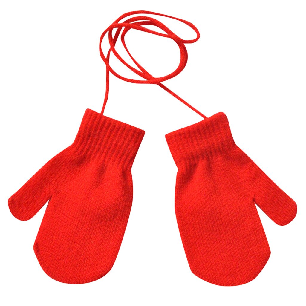 Kinderen Solid Dikke Gebreide 1-4Years Handschoenen Kinderen Winter Warm Solid Gebreide Leuke Met String 6 Kleuren Handschoenen Варежки Зимние: Rood