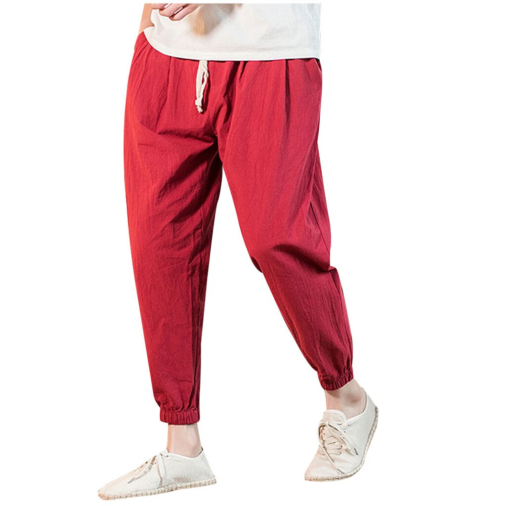Loose Linen Pants Men Summer mens trousers solid casual wide leg pants chinese comfortable: Burgundy / XL