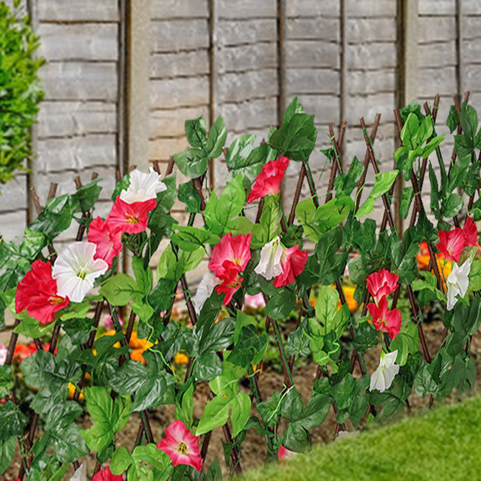 Retractable Artificial Wooden Fence With Flowers Privacy Fence Garden Hedge Leaf Net Wooden Home Restaurants Wall Decoration