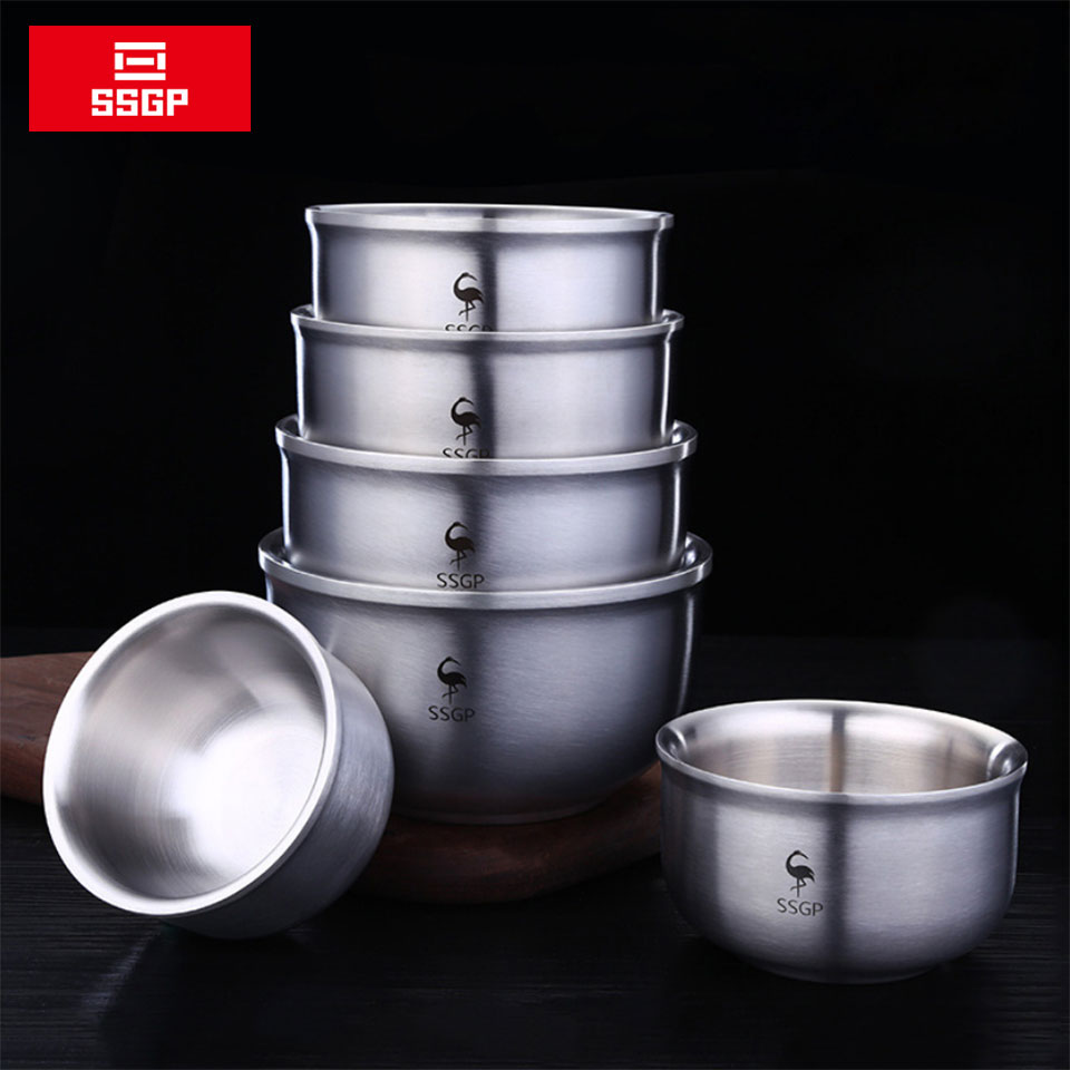 Tazón de acero inoxidable ssgp 304, recipiente doble anti-escaldamiento para alimentos, tazón de arroz coreano, ensalada, fideos instantáneos, tazón de sopa de metal.