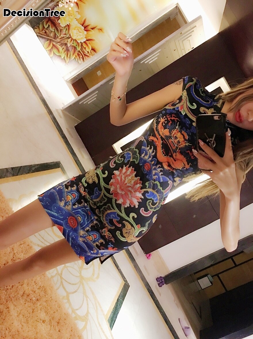2020 chinês do sexo feminino curto qipao estilo nacional cetim de seda cheongsam vestido feminino dragão impressão chiffon qipao oriental vestido