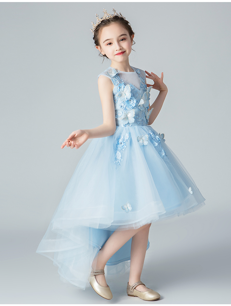 Cielo azul tul niñas apliques vestido de flor niña vestido para boda niños traje de desfile princesa vestidos de primera comunión